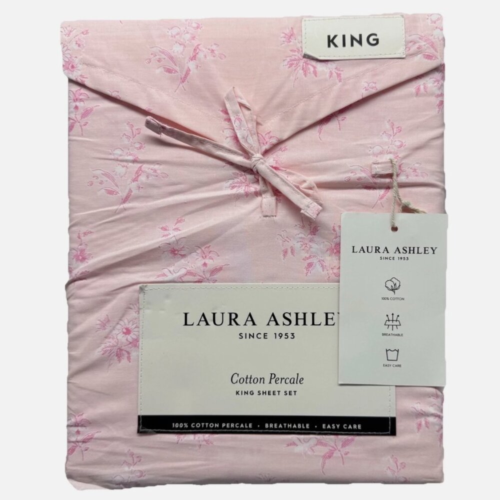 NEW 4pc Laura Ashley Pink Floral KING Sheet Set VICTORIAN BOUQUET Cottage Chic